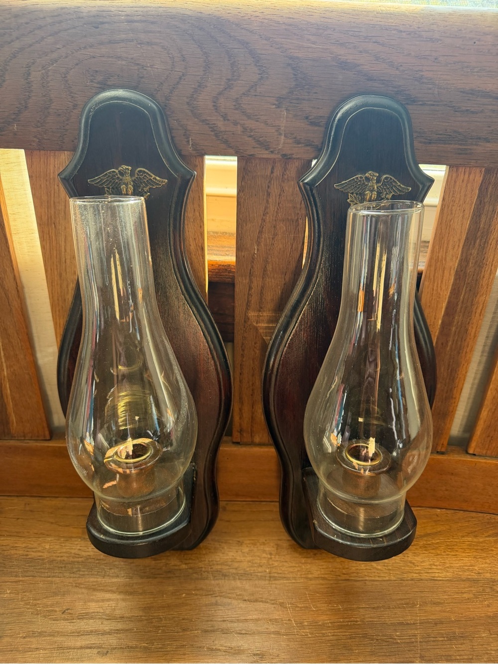 Vintage-Style Black Wood Wall Sconce Pair with Clear Glass Chimneys